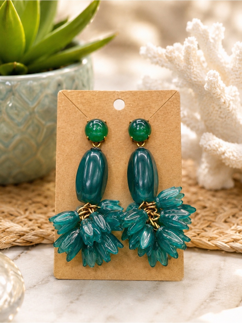 J. CREW TEAL DANGLE STATEMENT EARRINGS ACRYLIC MAXIMALIST FUN FASHION